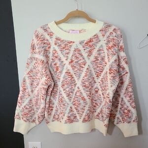 Pink Lily Cozy Cream and Orange Diamond Patterned Sweater Size Small